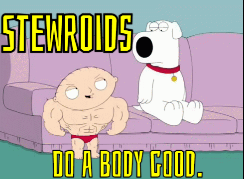 Stewie from Family Guy flexing his pecs at Brian in the Stewroids episode.