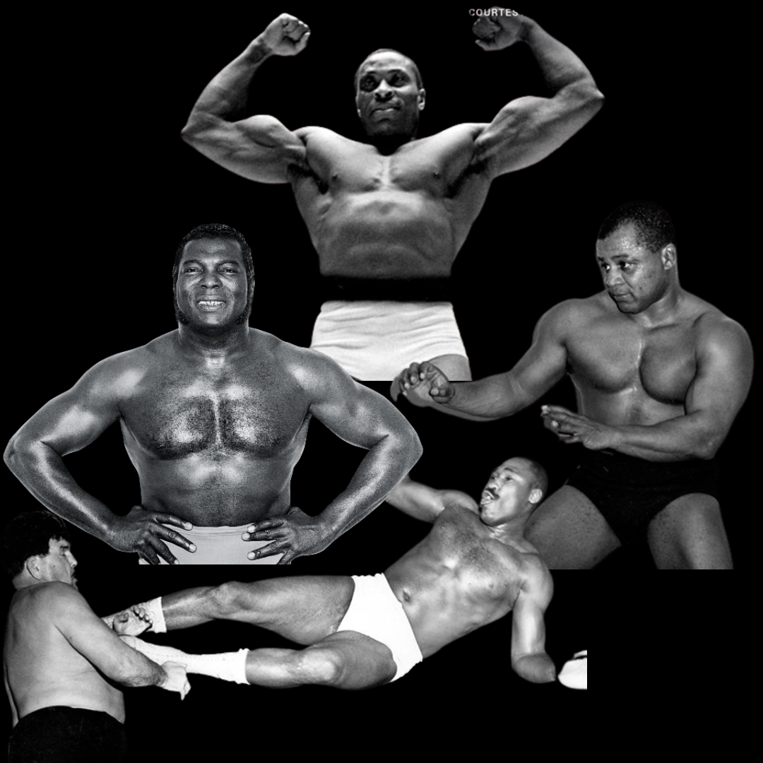 The four featured wrestler of the article are pictured- Art THomas flexing is huge biceps up top, Bobo Brazil with his hands on his hips on the left, Luther Lindsay in a wrestling pose on the right, and Bearcat Wright doing a yakuza kick at the bottom.